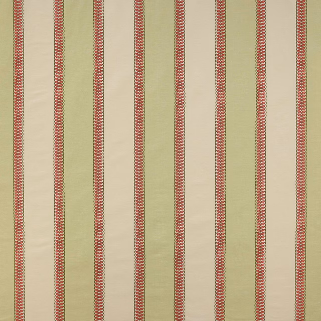 Vertical green and cream striped fabric with narrow rose-red leaf detailing