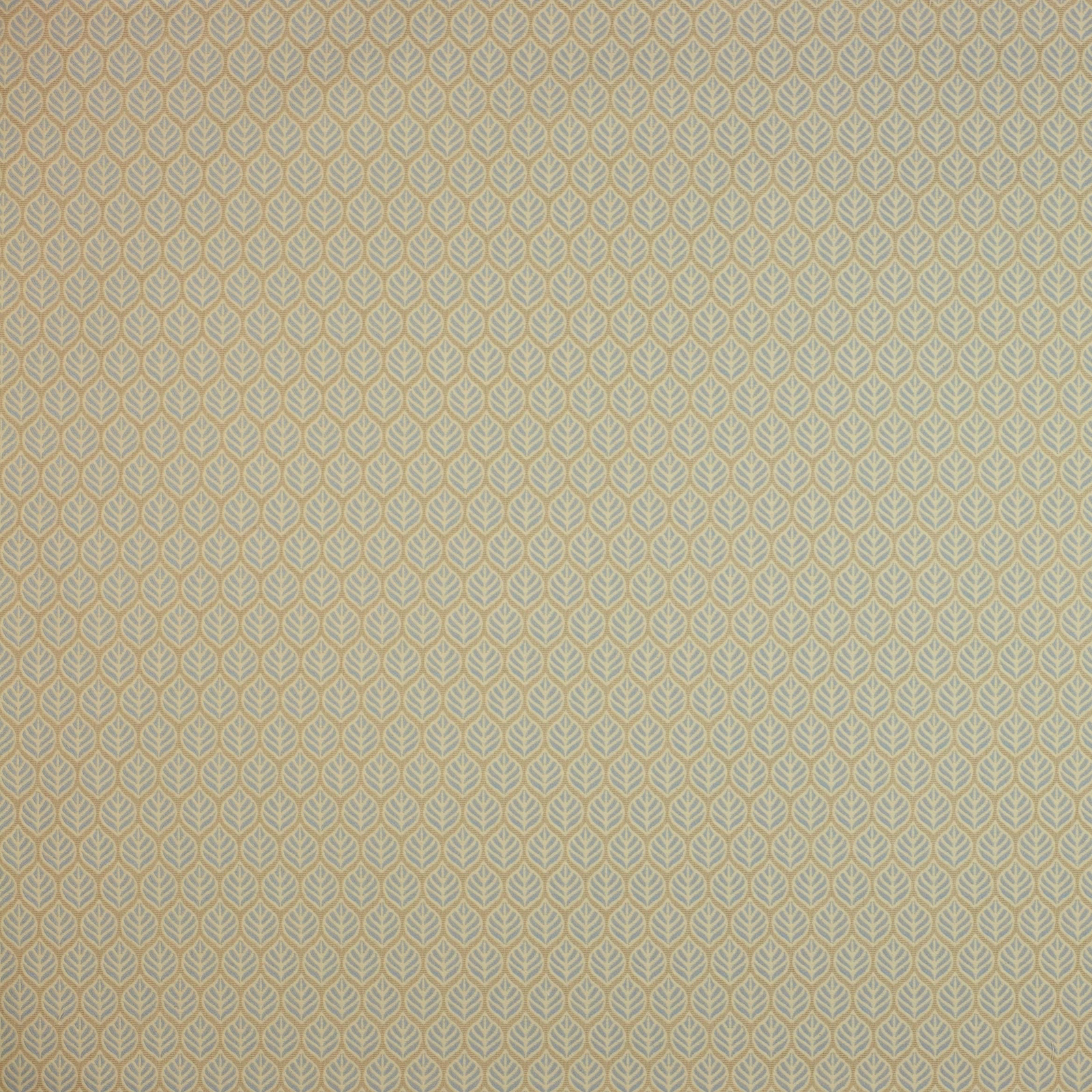 Powder blue leaf-repeat fabric on a warm neutral ground, close-up swatch