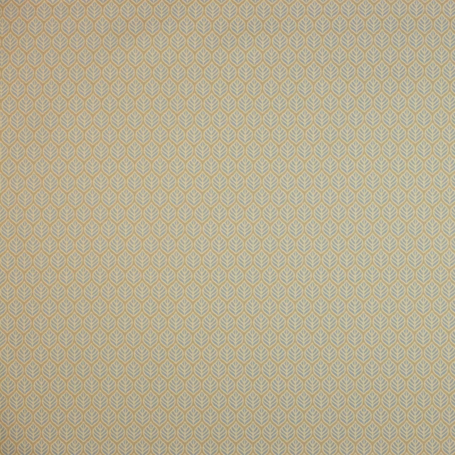 Powder blue leaf-repeat fabric on a warm neutral ground, close-up swatch