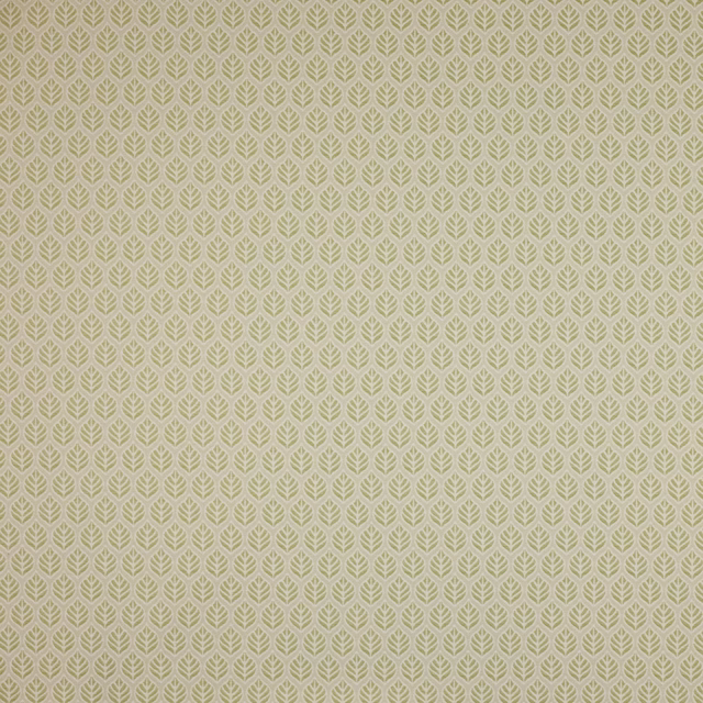 Small pale green leaf repeat on a warm neutral cotton fabric