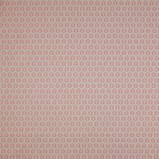 Small repeating pink leaf motif on a pale neutral woven fabric