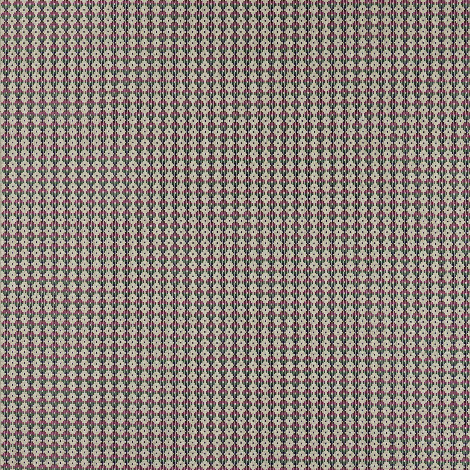 Small geometric fabric swatch in fuchsia, green and ivory dots and diamonds