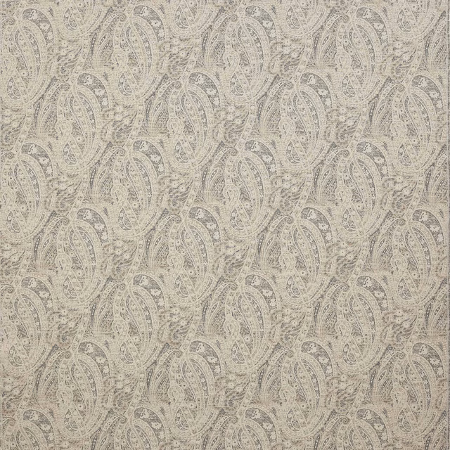 Beige woven damask fabric with large scrolling oval motifs and textured surface