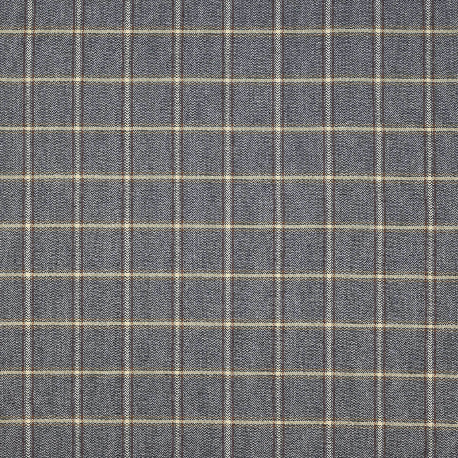 Blue-grey plaid fabric with fine cream crossing lines and a woven wool blend texture