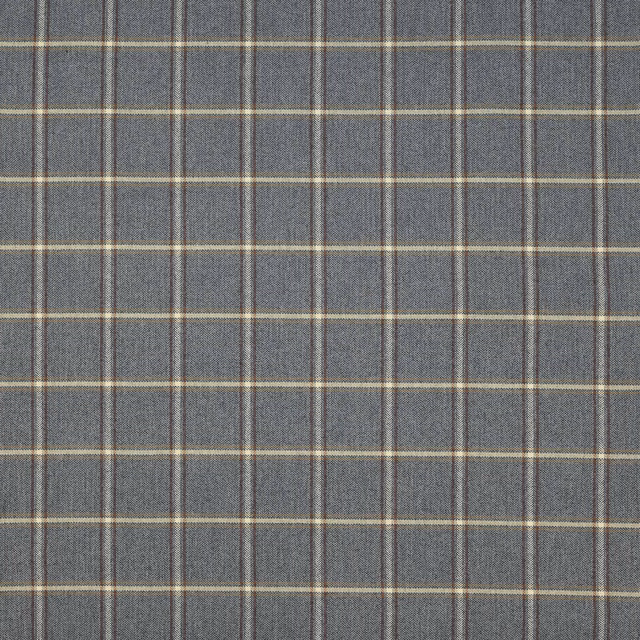 Blue-grey plaid fabric with fine cream crossing lines and a woven wool blend texture