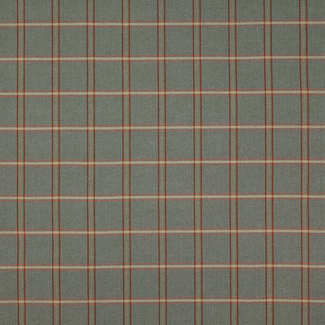 Sage green plaid fabric with fine red and pale cross stripes