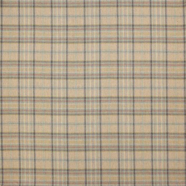 Sand and beige plaid wool fabric with muted grey and rose checks