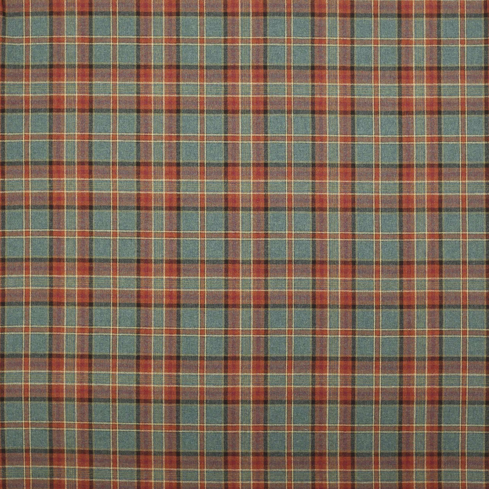 Muted teal and sienna wool plaid with fine tan checks
