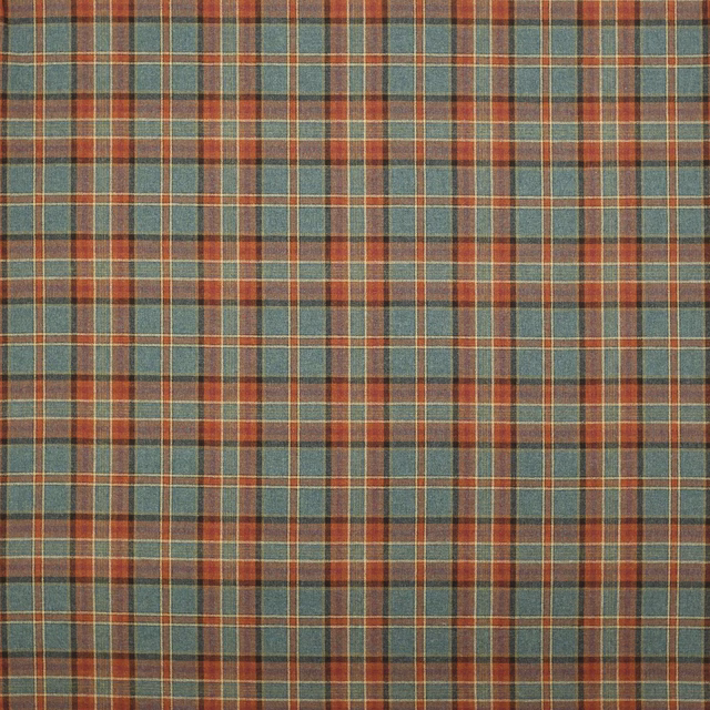 Muted teal and sienna wool plaid with fine tan checks