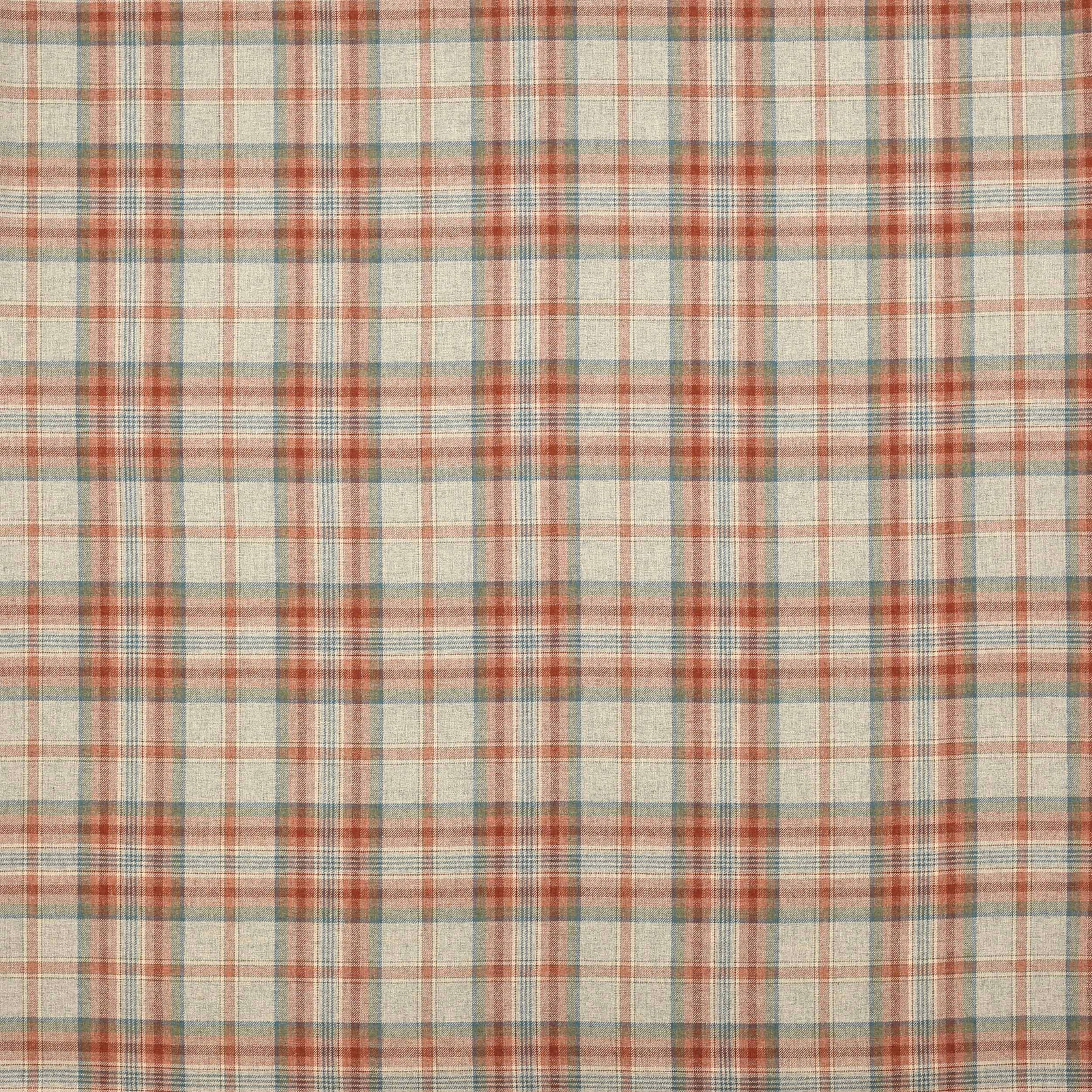 Cream wool plaid swatch with tomato red and teal cross lines