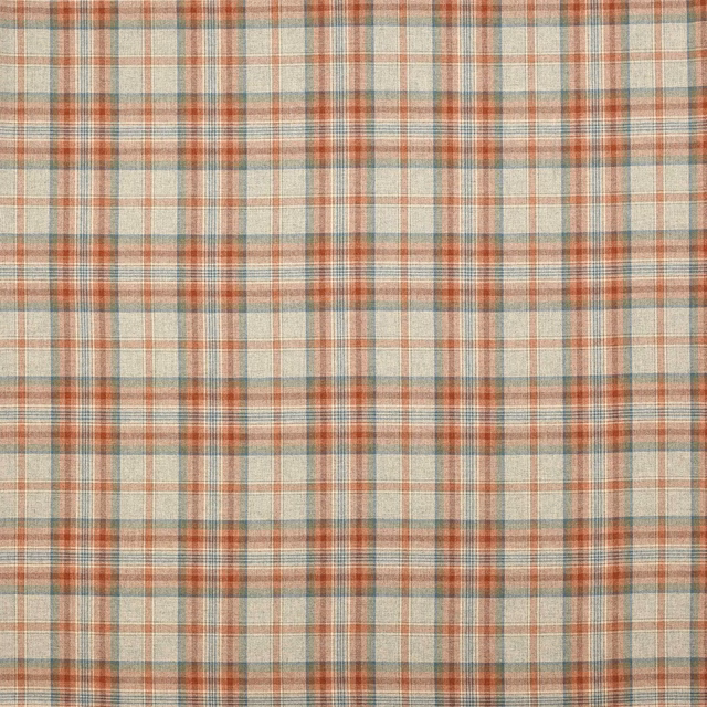 Cream wool plaid swatch with tomato red and teal cross lines