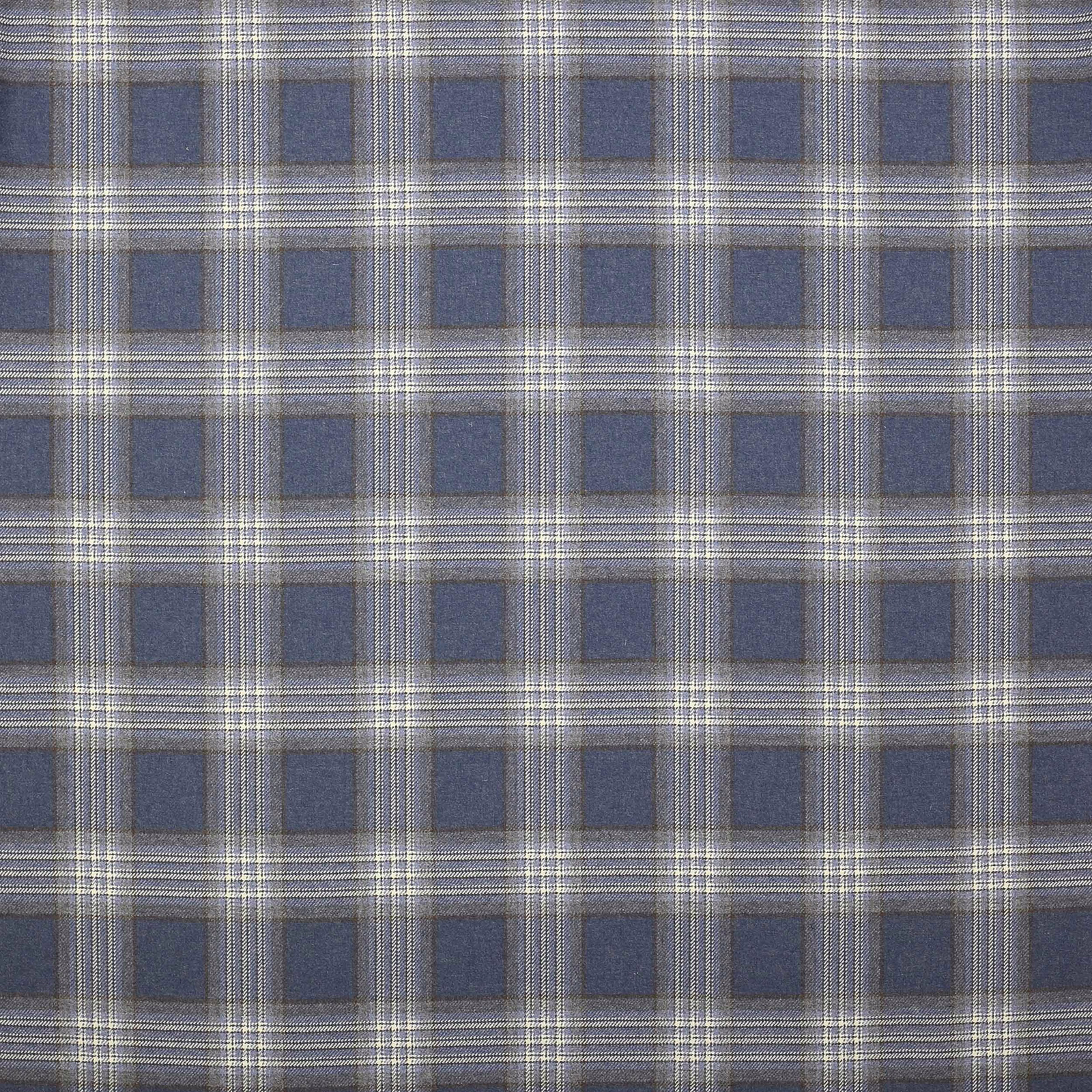 Blue wool plaid with grey and cream checks on a flat swatch