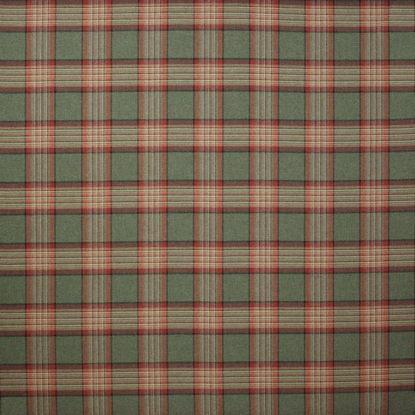 Muted sage and red wool plaid swatch with fine checked stripes