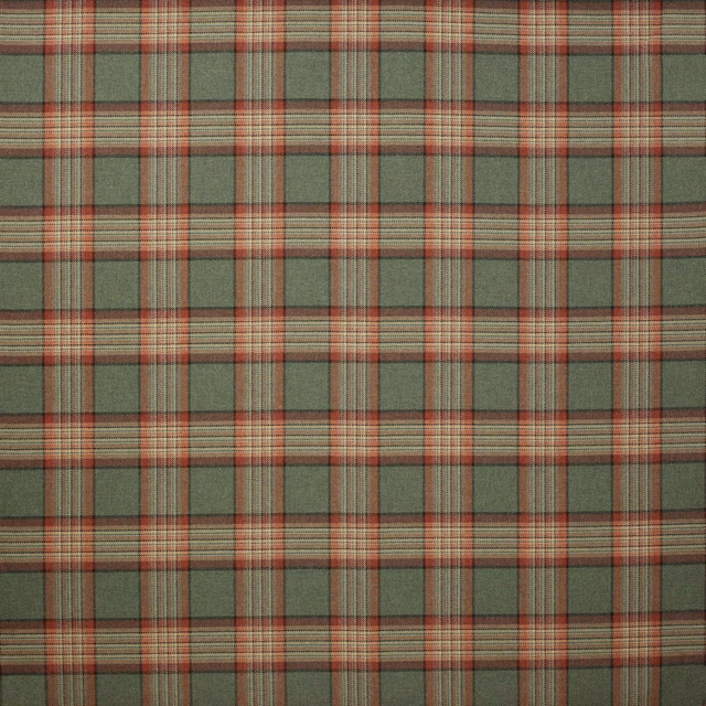 Muted sage and red wool plaid swatch with fine checked stripes