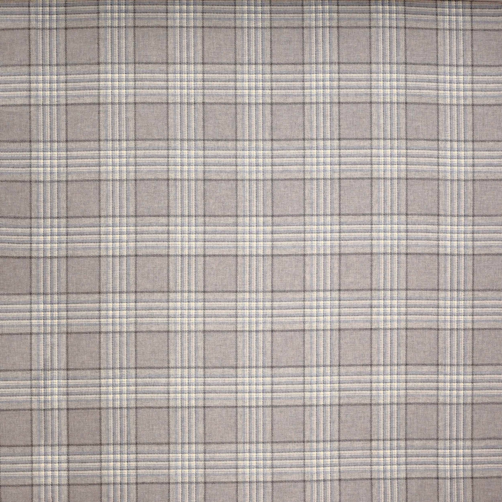Soft silver-grey wool plaid with fine cream and charcoal intersecting stripes