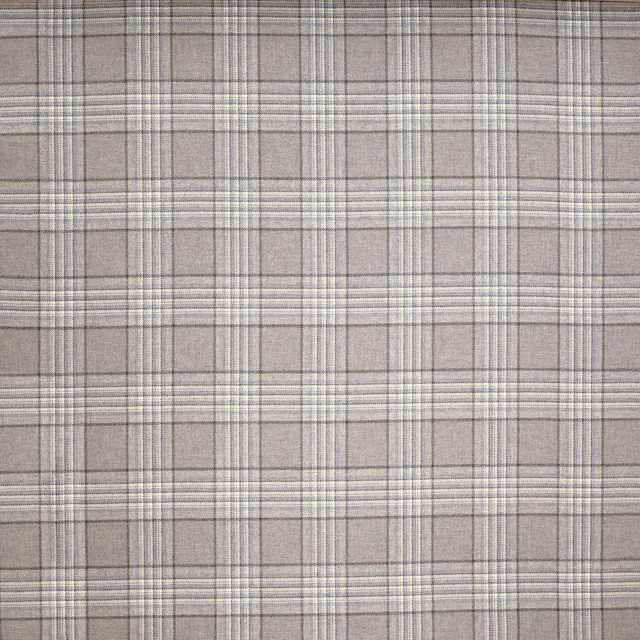 Soft silver-grey wool plaid with fine cream and charcoal intersecting stripes