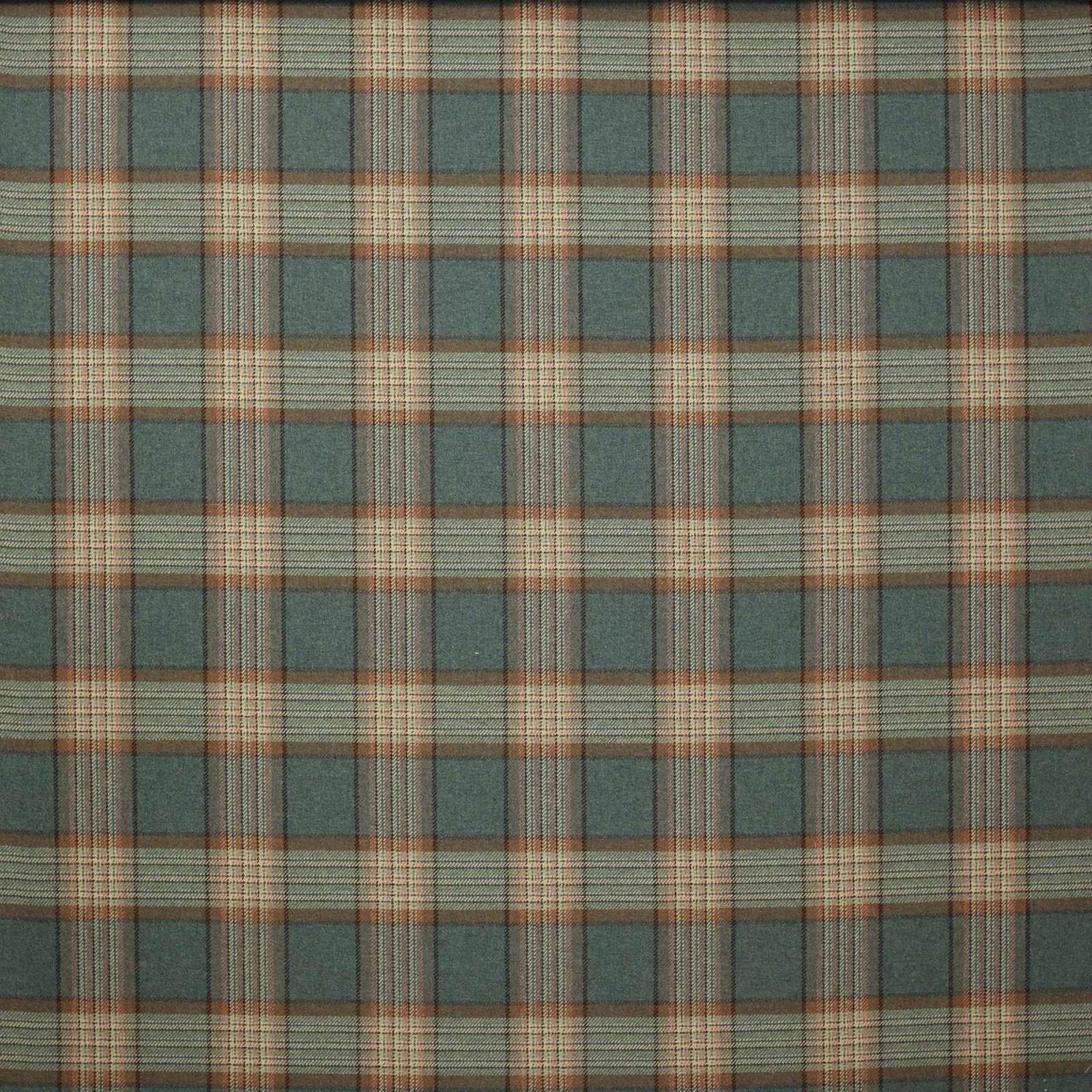 Muted teal and tan wool plaid with fine rust stripes