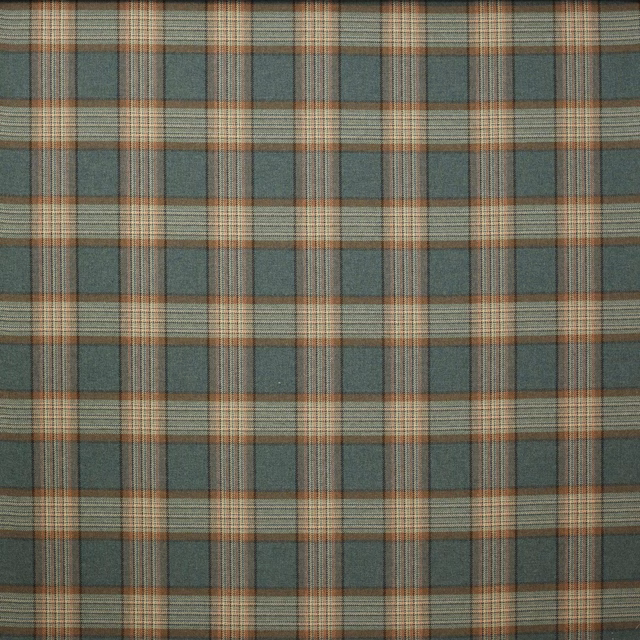 Muted teal and tan wool plaid with fine rust stripes