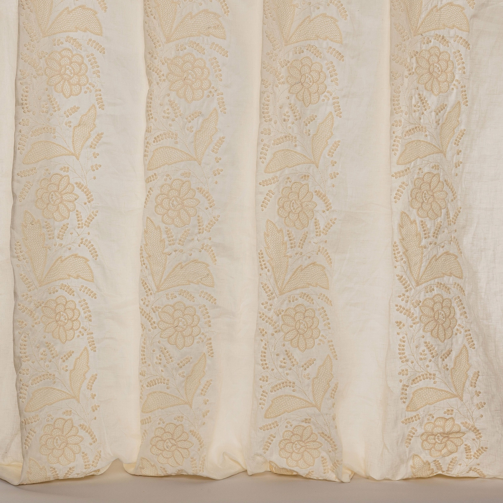 Ivory sheer fabric with vertical floral embroidered stripes and soft cream texture