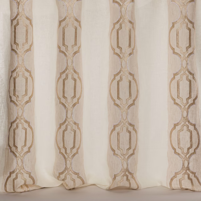 Sheer beige curtain fabric with vertical geometric stripe motifs and linen texture