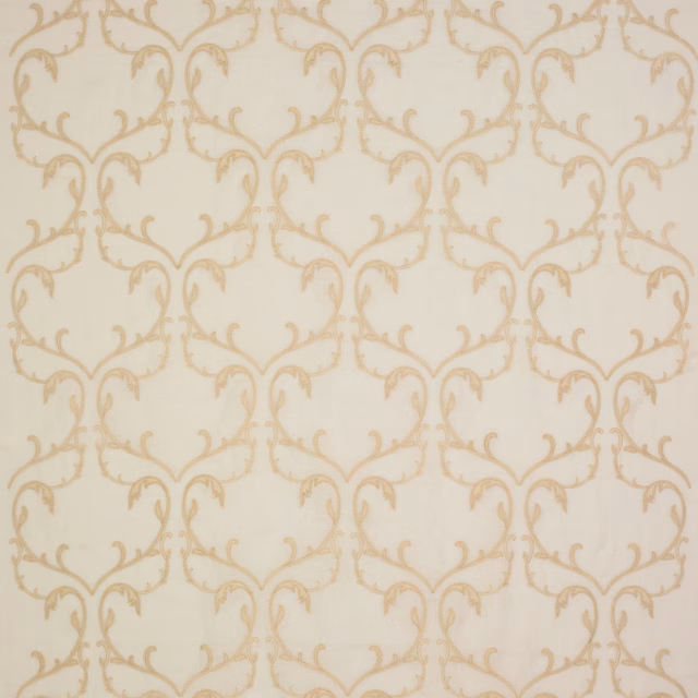 Sheer ivory beige fabric with soft scrolling damask motif in pale gold tones