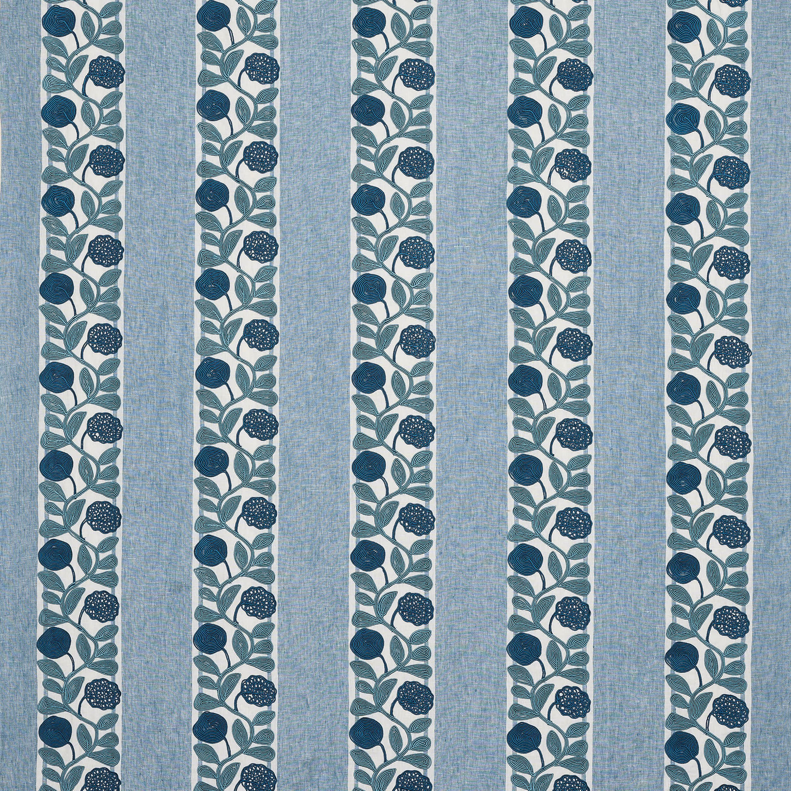 Pale ciel blue striped fabric with teal floral vine bands and linen texture