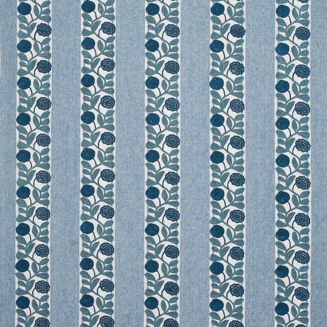 Pale ciel blue striped fabric with teal floral vine bands and linen texture