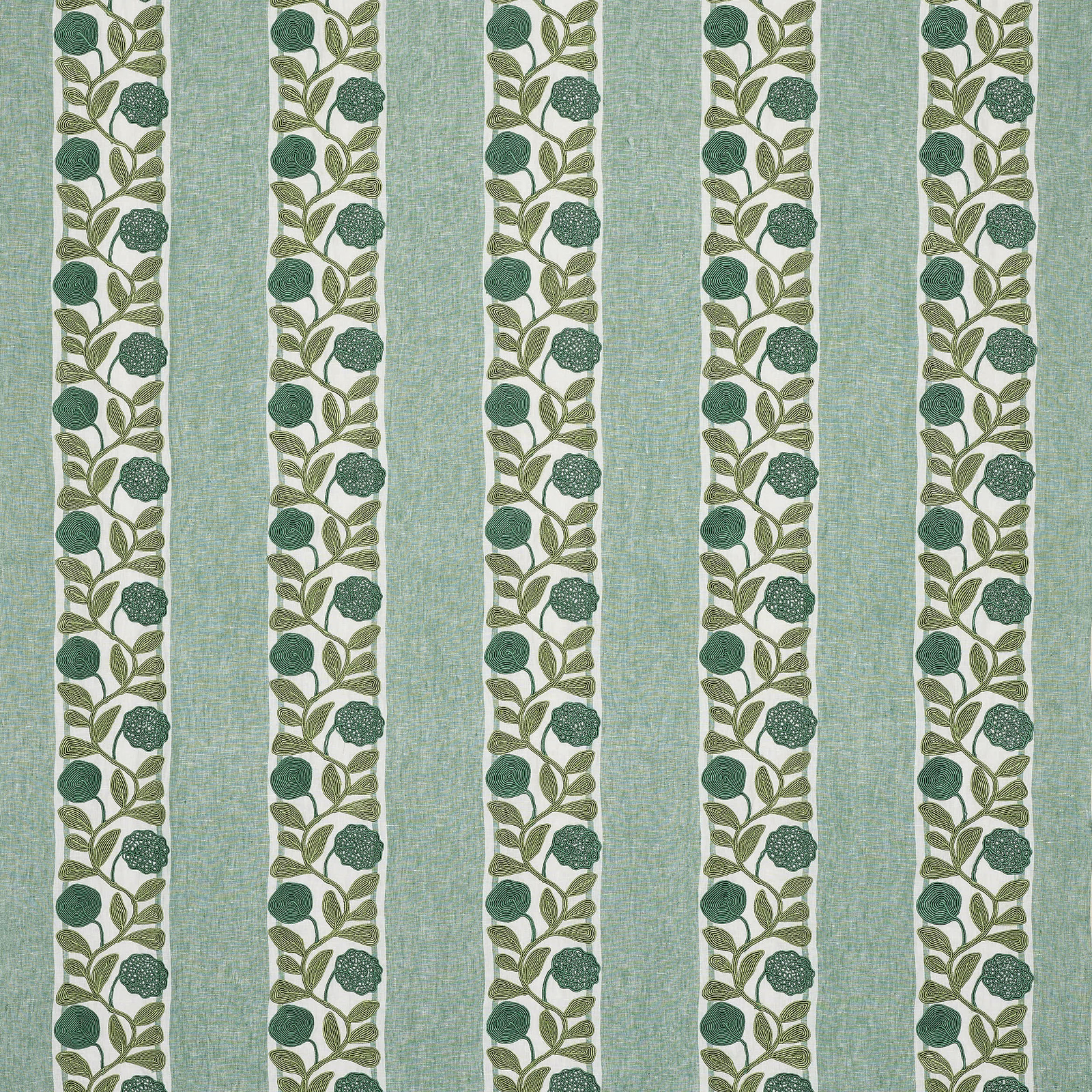 Vertical green stripe fabric with cream floral vine bands and soft woven texture