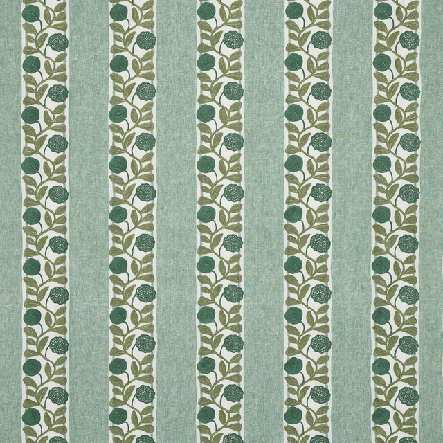 Vertical green stripe fabric with cream floral vine bands and soft woven texture