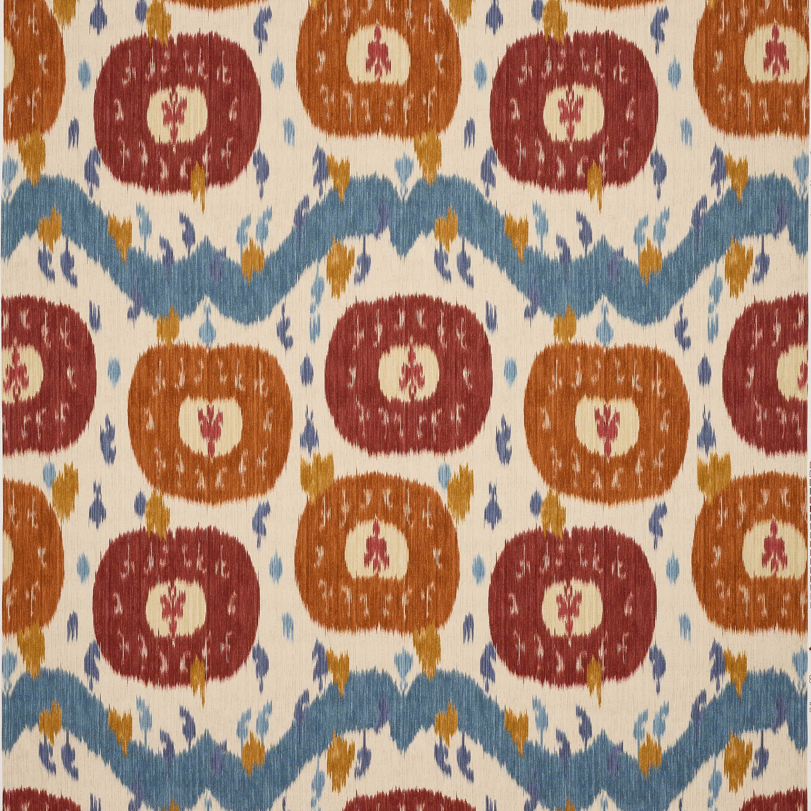 Cream linen fabric with brick red, ochre and blue woven geometric motifs