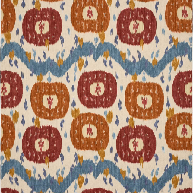 Cream linen fabric with brick red, ochre and blue woven geometric motifs