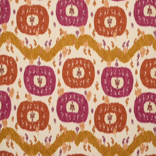 Ikat-style linen swatch in rose pink, terracotta and saffron on ivory
