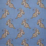 Blue linen fabric with repeated leaping tiger motif and textured weave