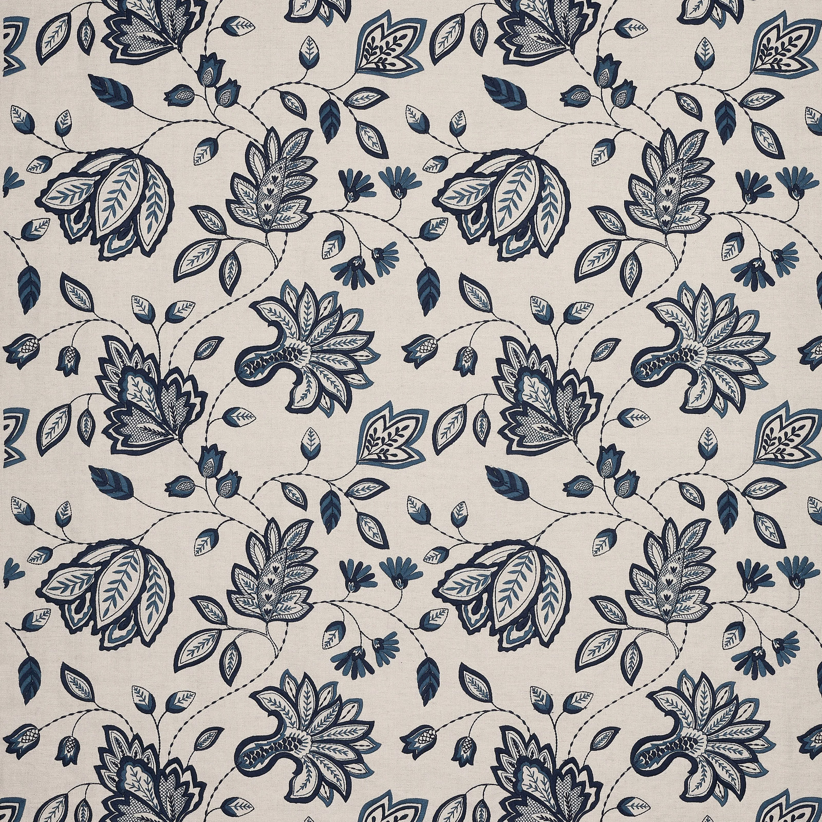 Indigo and cream floral vine fabric with outlined leaves and blossoms