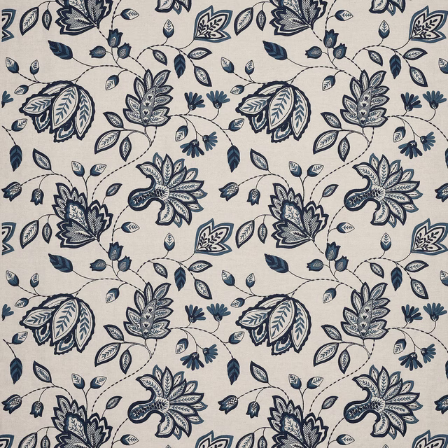 Indigo and cream floral vine fabric with outlined leaves and blossoms