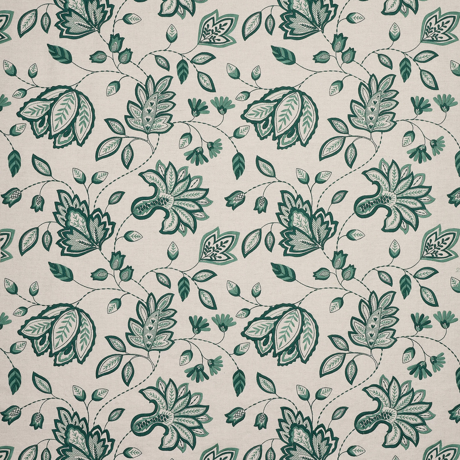 Mint green floral vine fabric on a pale woven ground