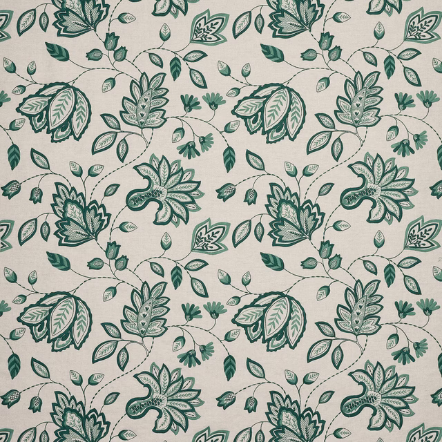 Mint green floral vine fabric on a pale woven ground