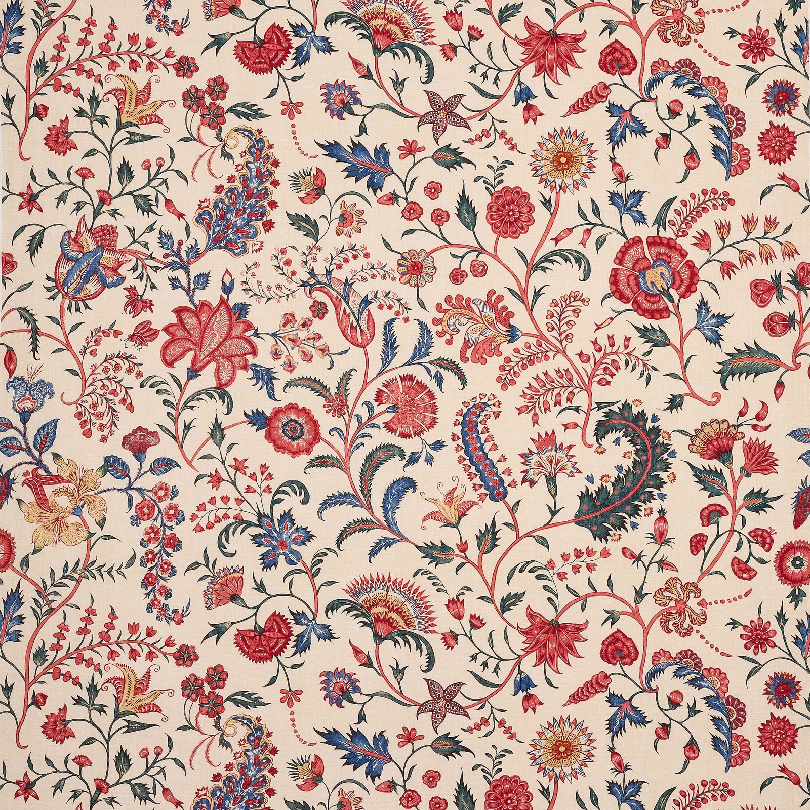 Cream linen fabric with dense red and blue floral vine pattern