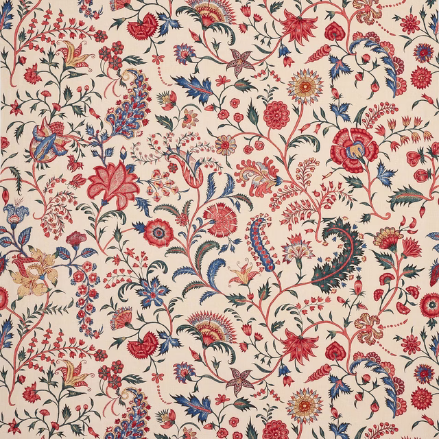 Cream linen fabric with dense red and blue floral vine pattern