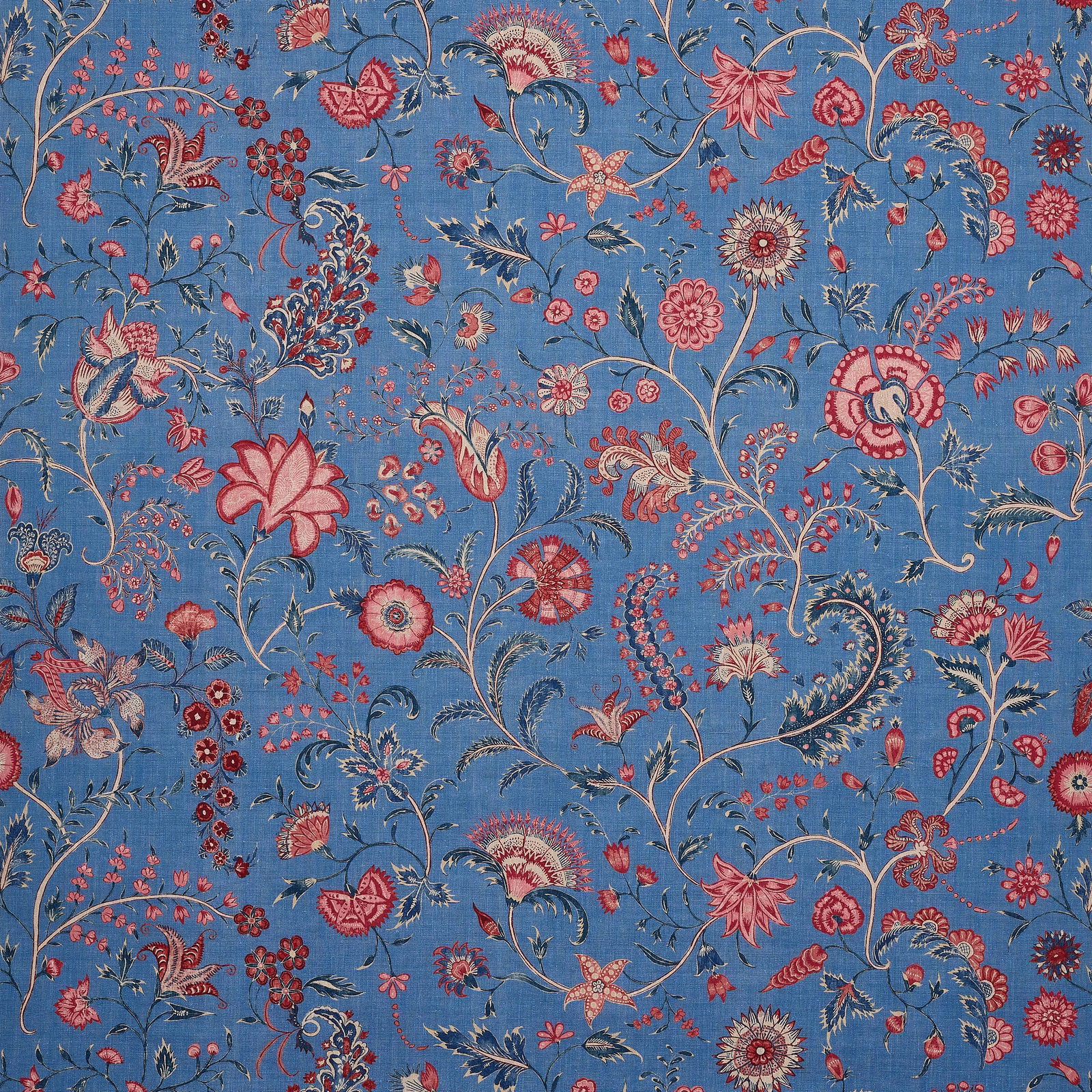 Blue linen fabric with coral pink floral vines and small botanical motifs
