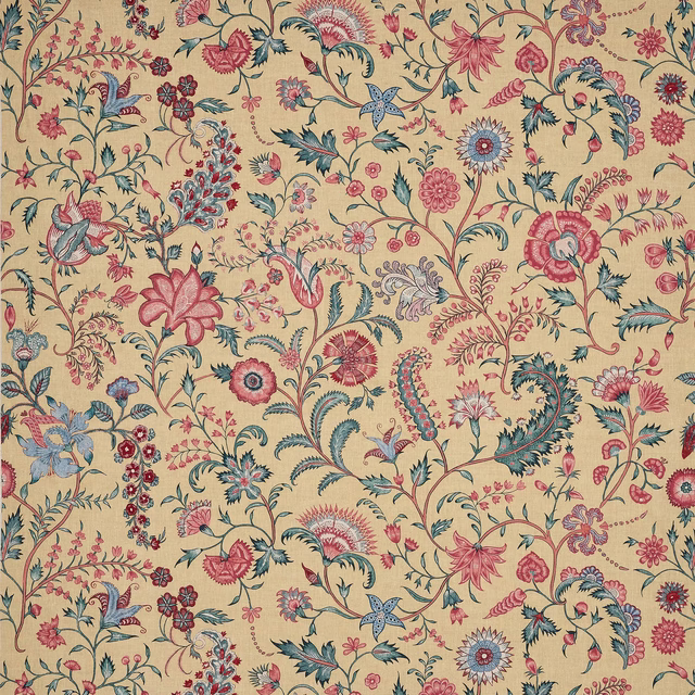 Mustard yellow linen fabric with large botanical floral pattern in pink, teal and blue