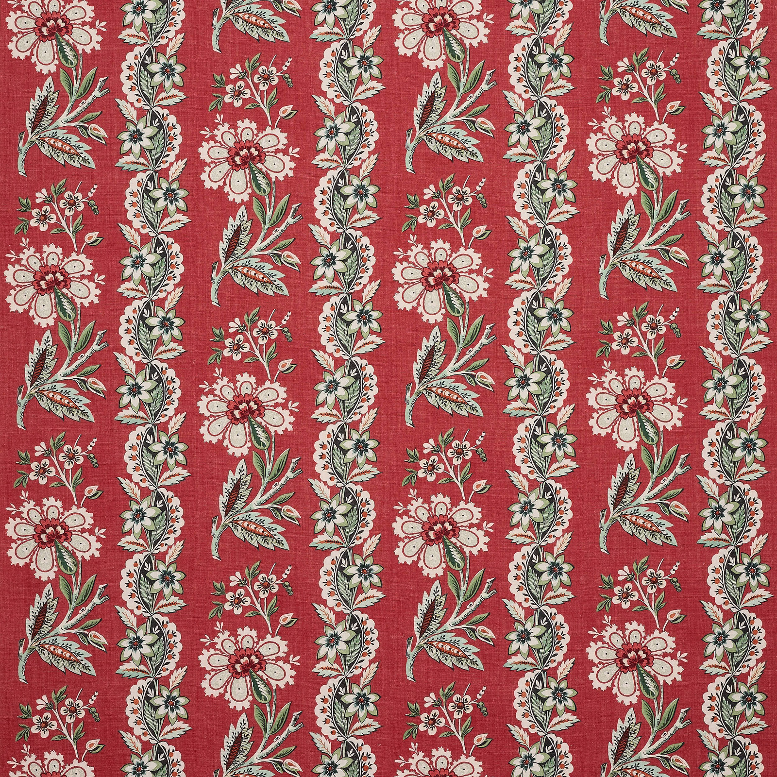 Carmine red linen fabric with vertical floral stripe and cream, green and blue motif