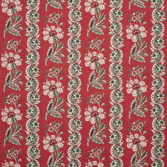Carmine red linen fabric with vertical floral stripe and cream, green and blue motif