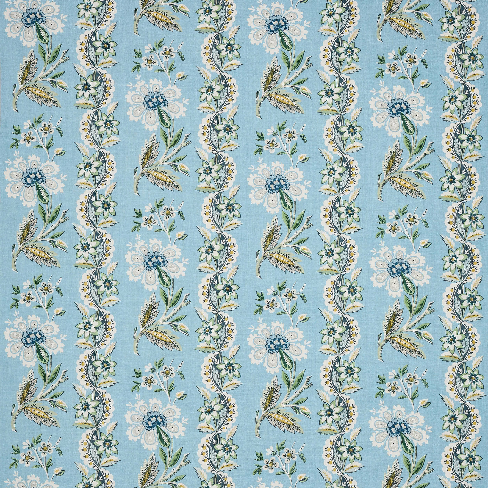 Sky-blue linen fabric with vertical floral garlands and small trailing bouquets