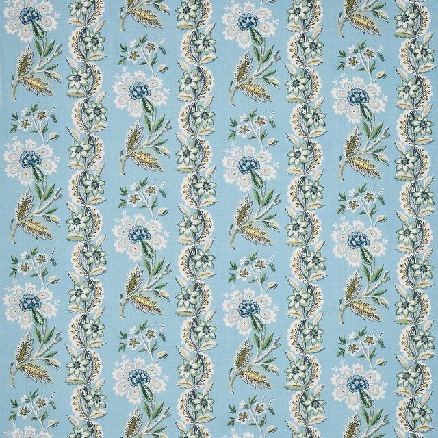Sky-blue linen fabric with vertical floral garlands and small trailing bouquets
