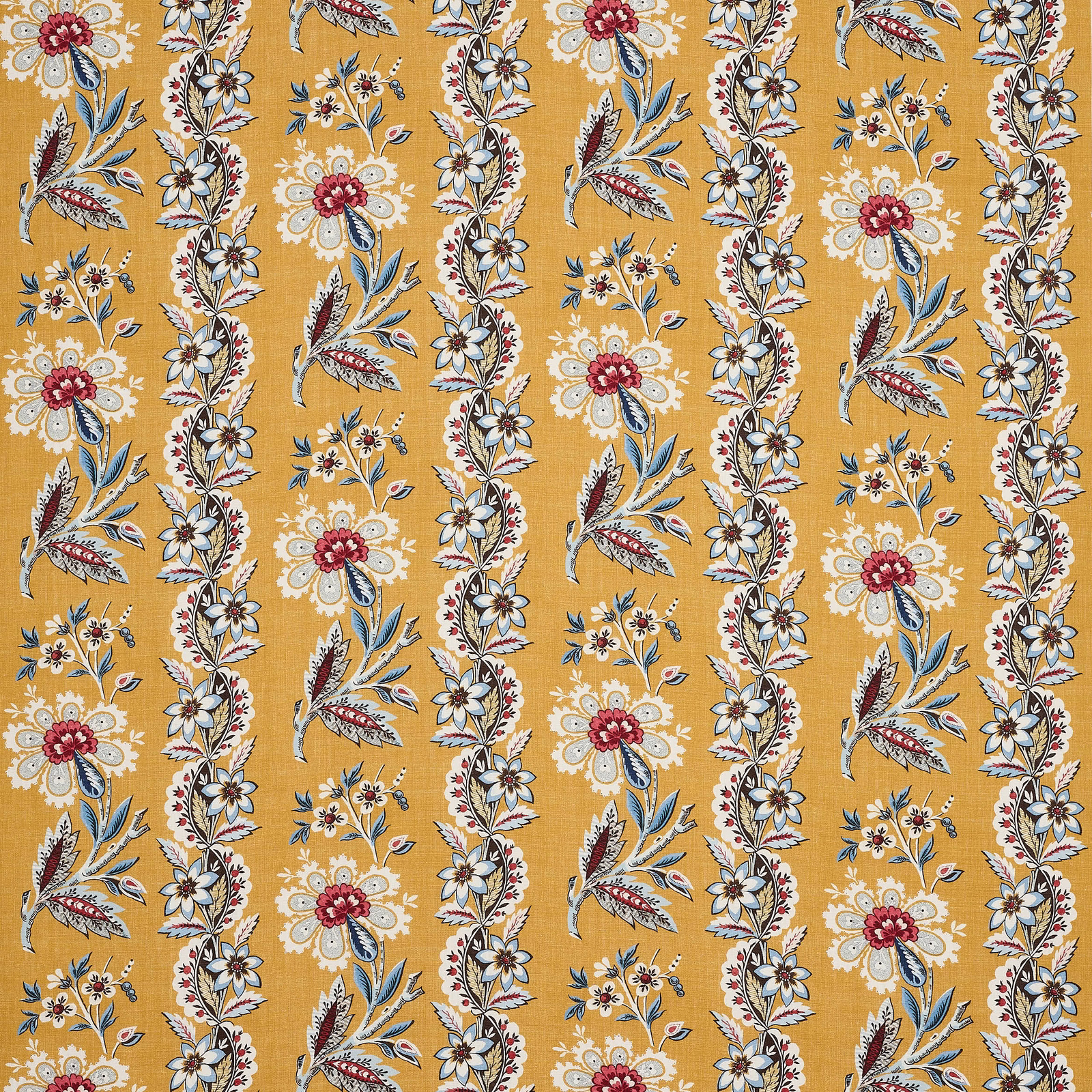 Golden-yellow floral stripe linen fabric with cream, blue and red motifs