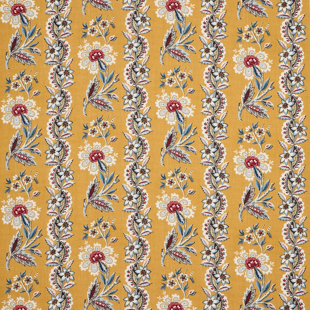 Golden-yellow floral stripe linen fabric with cream, blue and red motifs