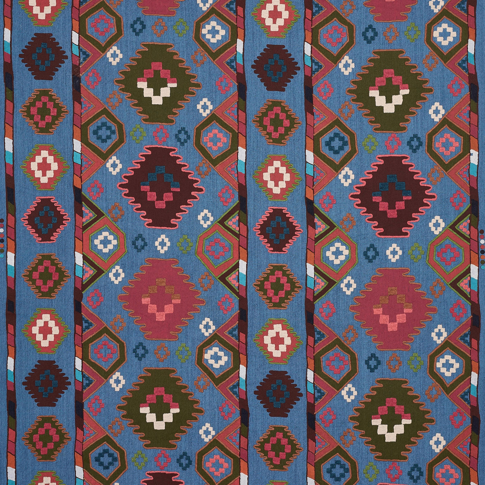 Azure geometric Manuel Canovas fabric with multicoloured medallion bands