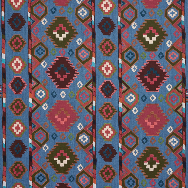 Azure geometric Manuel Canovas fabric with multicoloured medallion bands