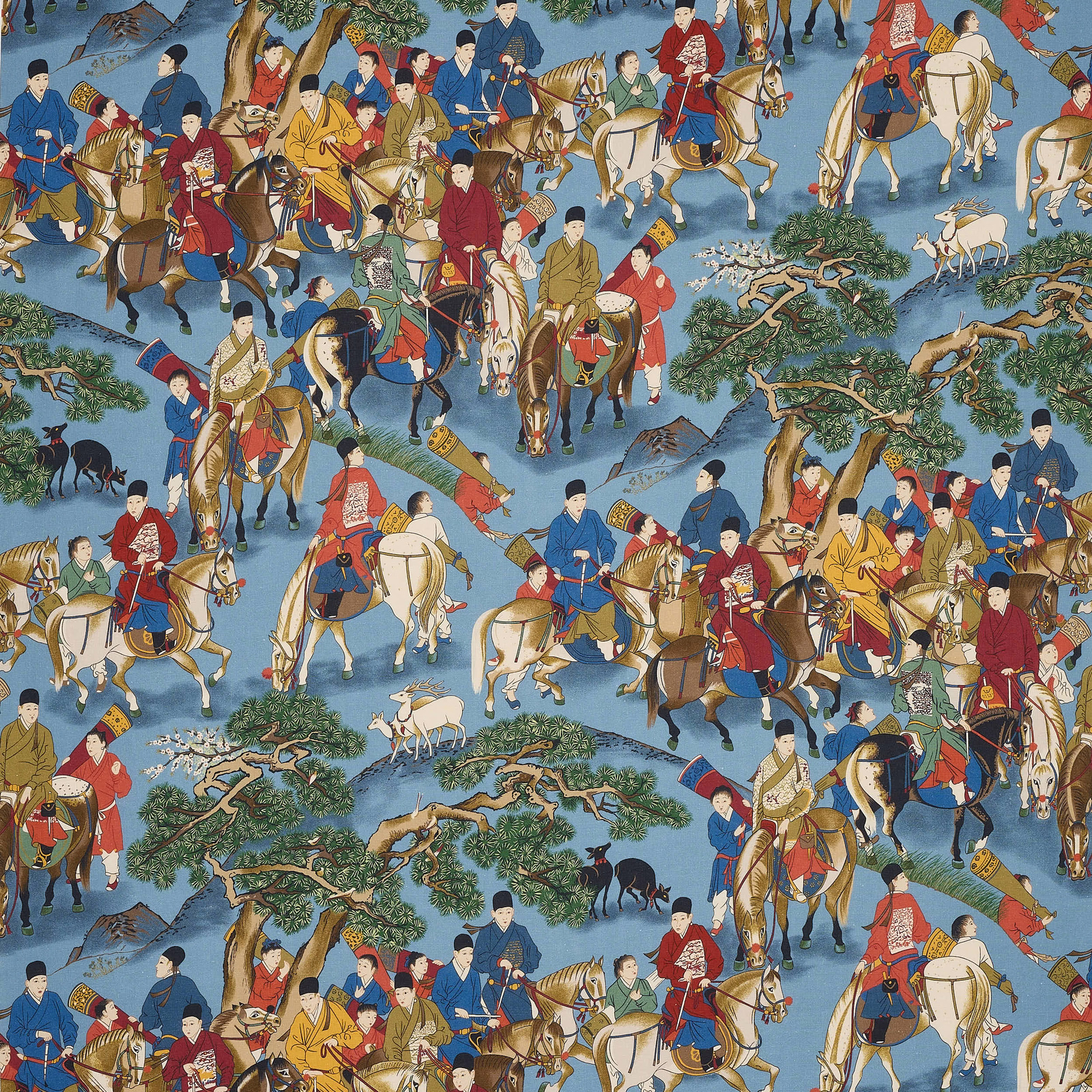 Blue linen fabric with riders on horses, trees and playful animal motifs
